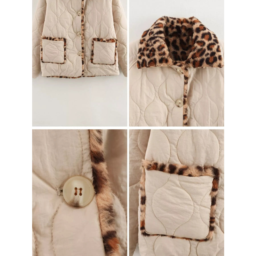 Leopard Faux Fur Trim Quilted Jacket Apparel and Accessories