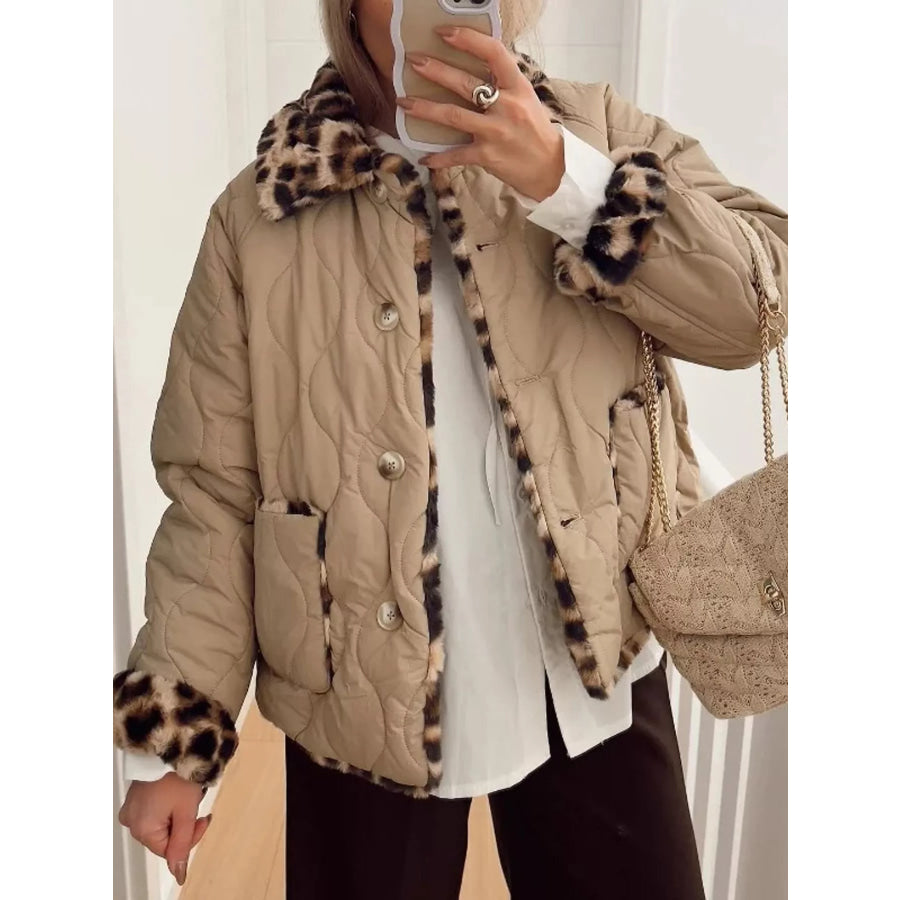 Leopard Faux Fur Trim Quilted Jacket Khaki / S Apparel and Accessories