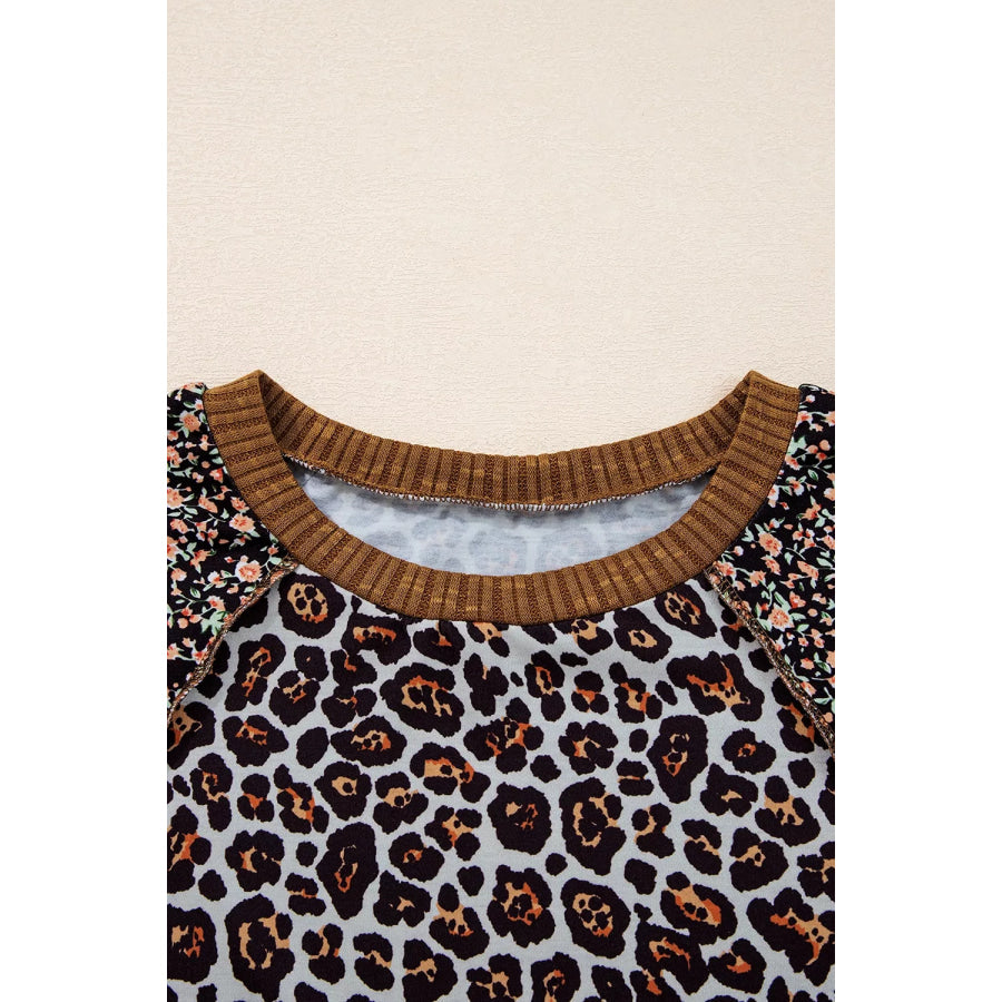 Leopard Floral Print Ribbed Puff Sleeve Patchwork Loose Sweatshirt Apparel and Accessories