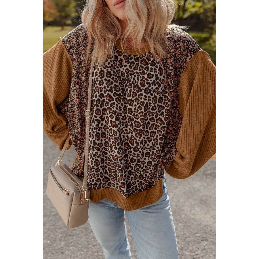 Leopard Floral Print Ribbed Puff Sleeve Patchwork Loose Sweatshirt Apparel and Accessories