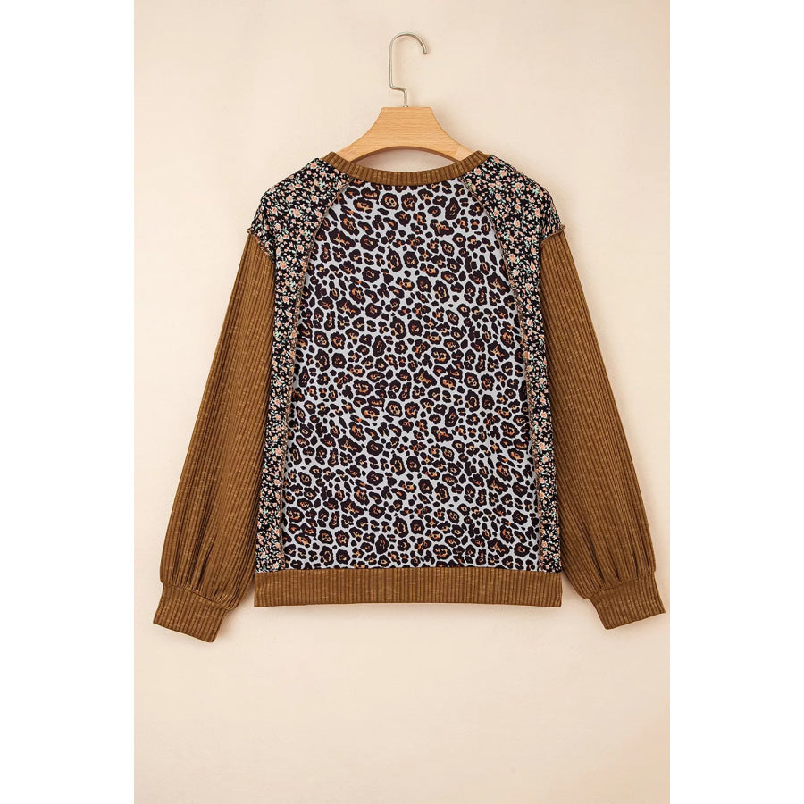 Leopard Floral Print Ribbed Puff Sleeve Patchwork Loose Sweatshirt Apparel and Accessories
