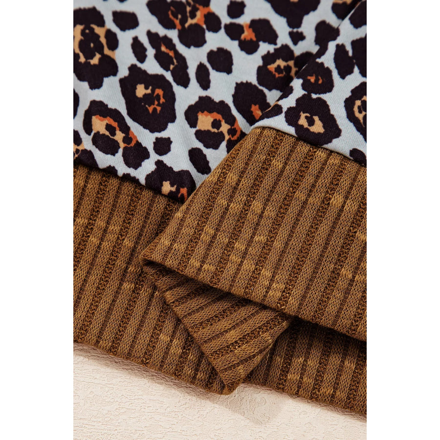 Leopard Floral Print Ribbed Puff Sleeve Patchwork Loose Sweatshirt Apparel and Accessories