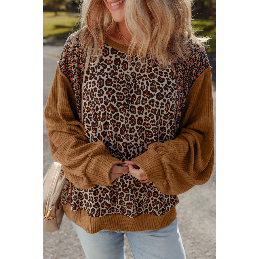 Leopard Floral Print Ribbed Puff Sleeve Patchwork Loose Sweatshirt Apparel and Accessories