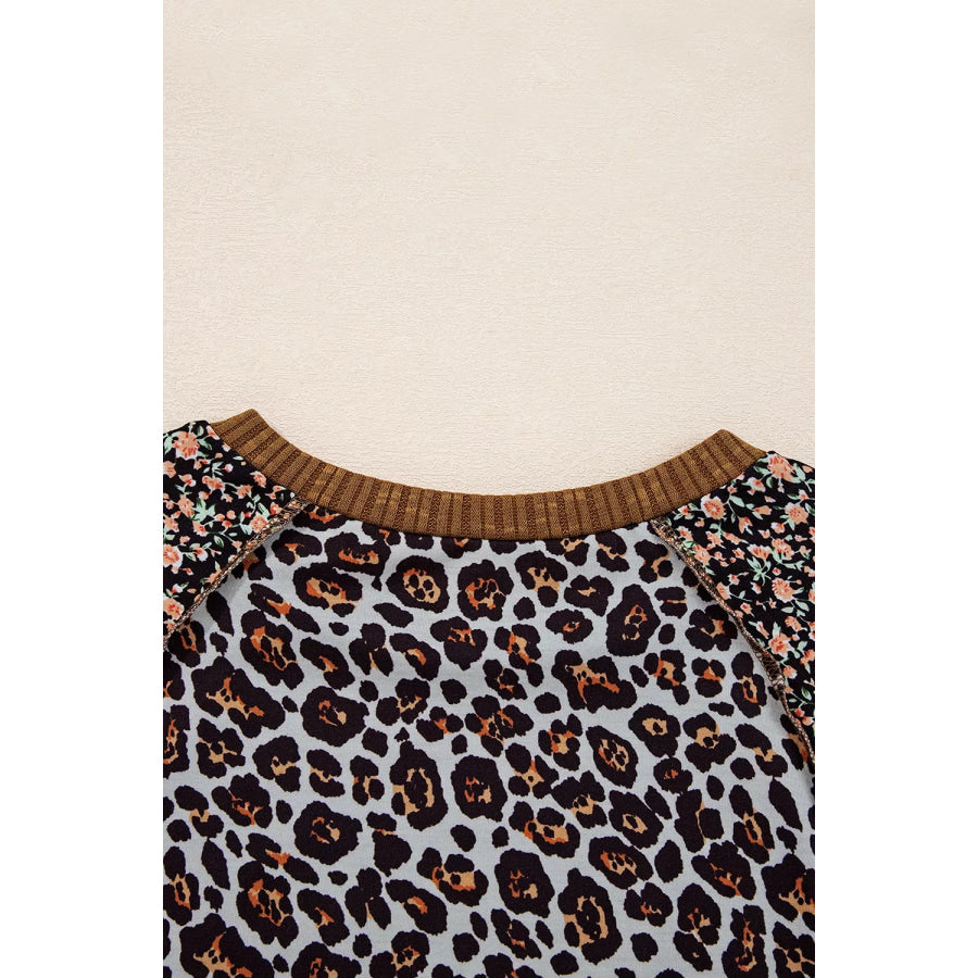 Leopard Floral Print Ribbed Puff Sleeve Patchwork Loose Sweatshirt Apparel and Accessories