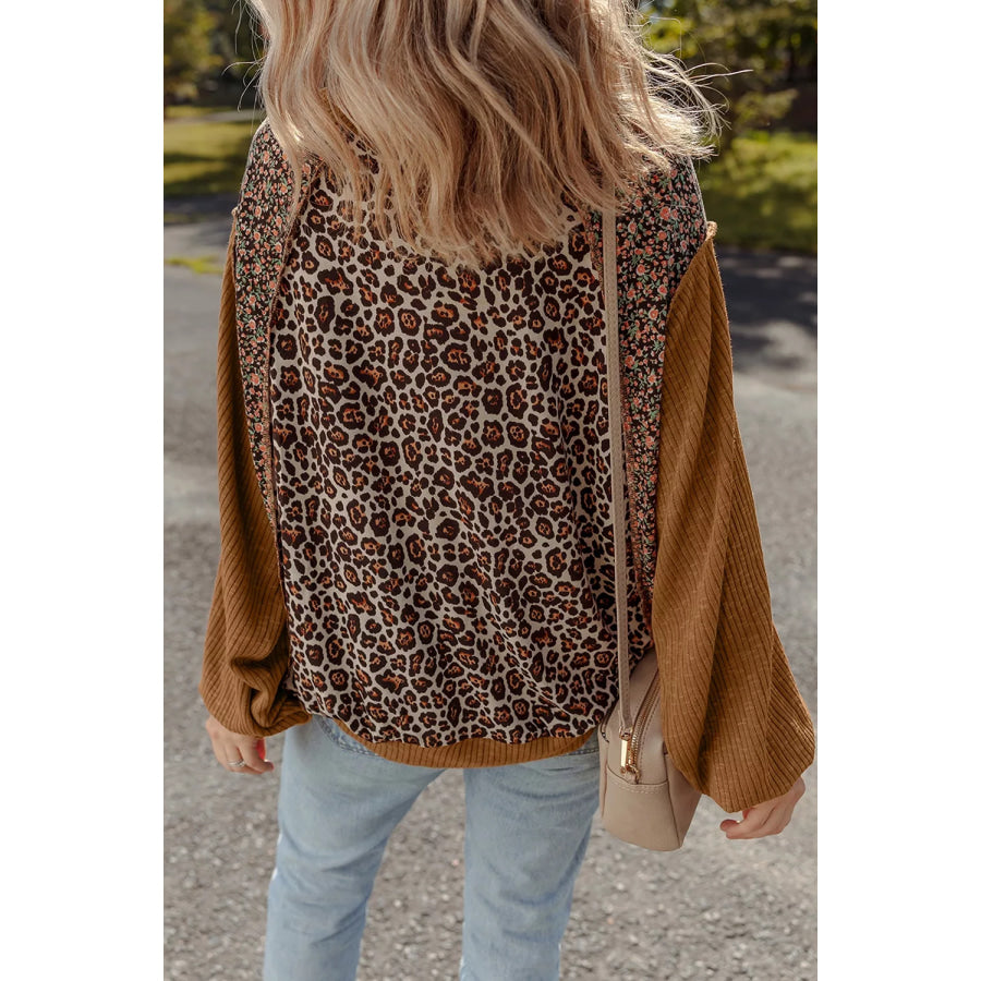 Leopard Floral Print Ribbed Puff Sleeve Patchwork Loose Sweatshirt Apparel and Accessories