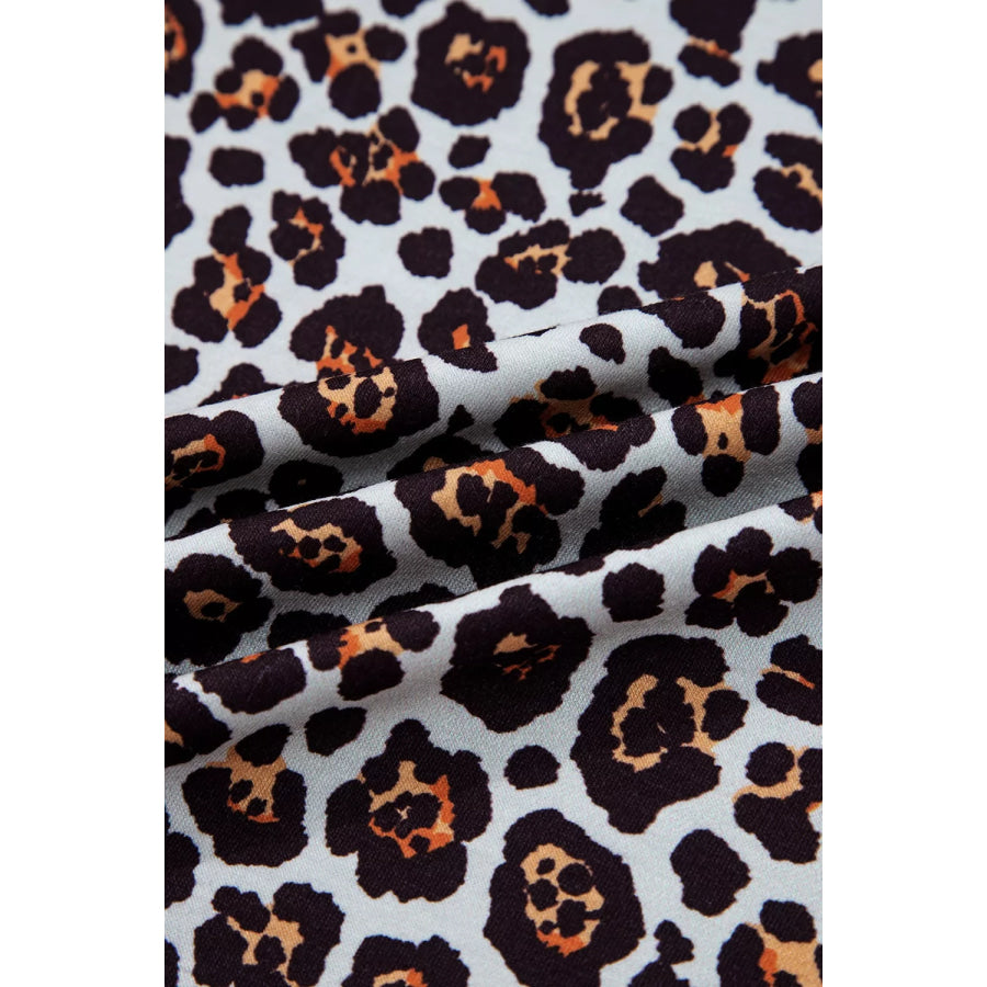 Leopard Floral Print Ribbed Puff Sleeve Patchwork Loose Sweatshirt Apparel and Accessories