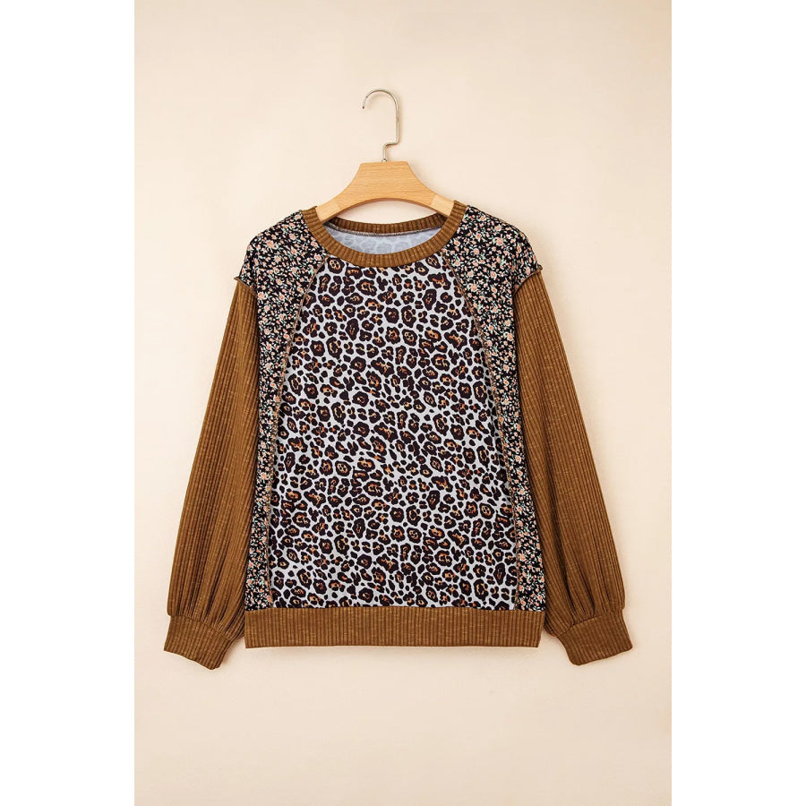 Leopard Floral Print Ribbed Puff Sleeve Patchwork Loose Sweatshirt Apparel and Accessories