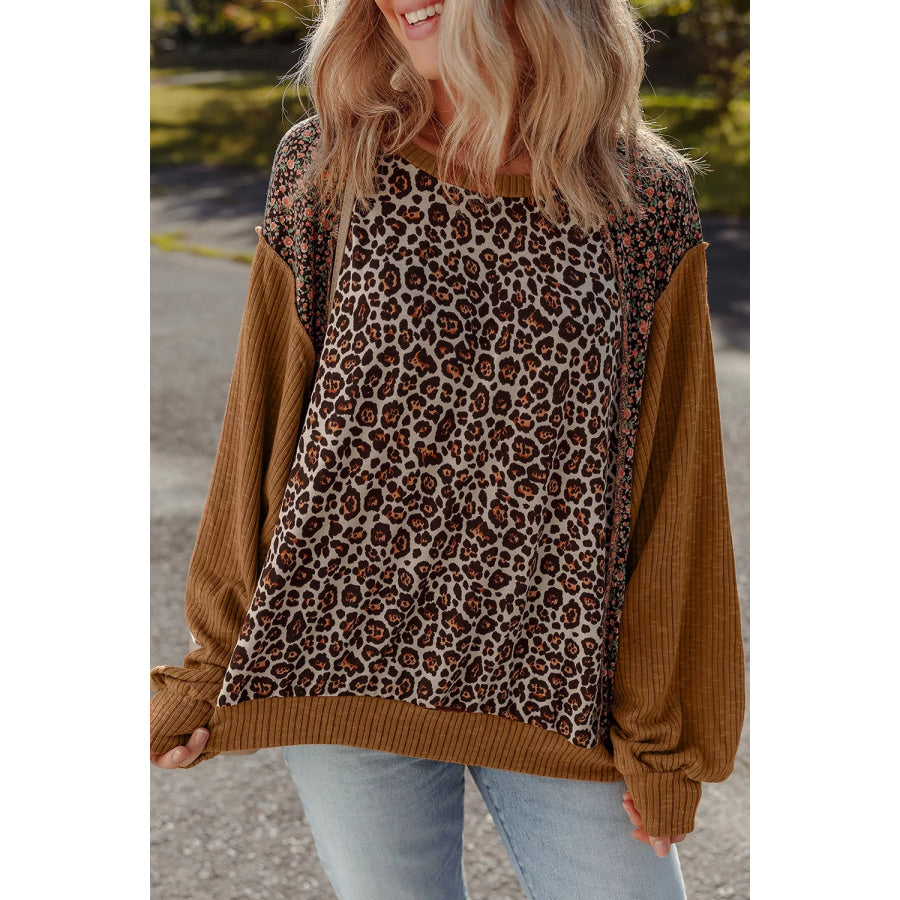 Leopard Floral Print Ribbed Puff Sleeve Patchwork Loose Sweatshirt Brown / S Apparel and Accessories
