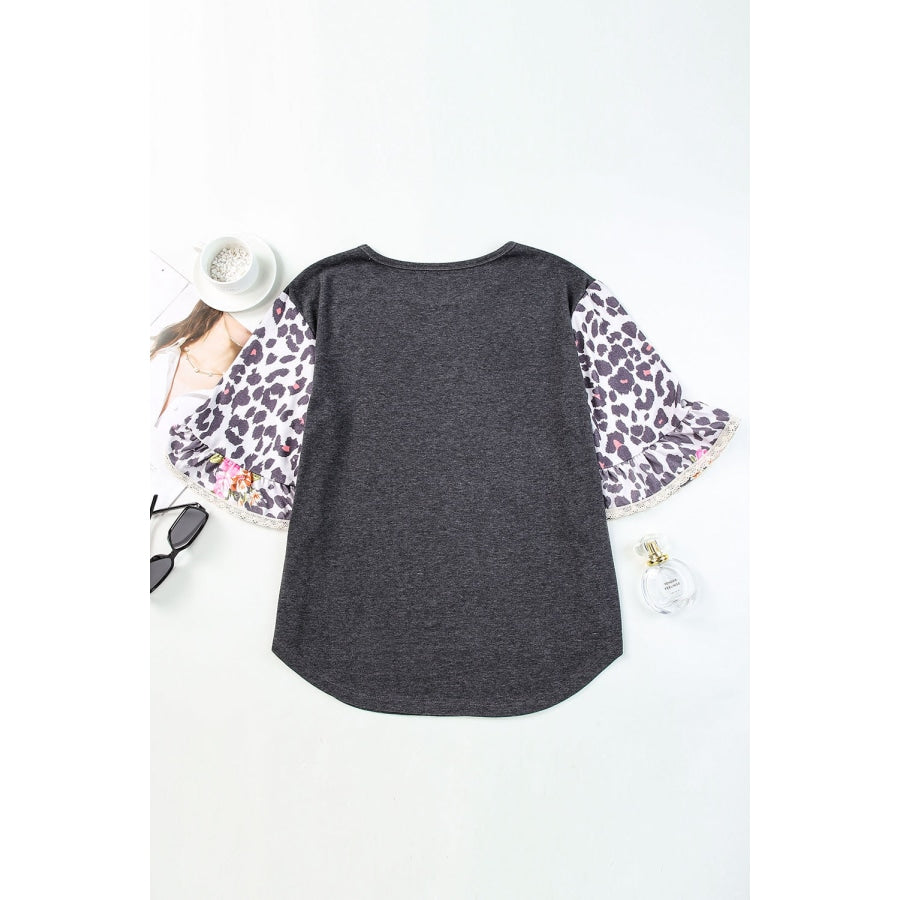 Leopard Flounce Sleeve Round Neck Top