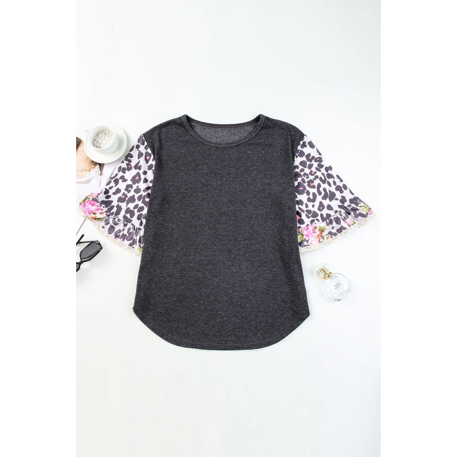 Leopard Flounce Sleeve Round Neck Top