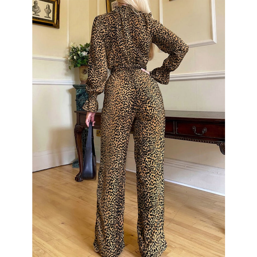 Leopard Flounce Sleeve Wide Leg Jumpsuit Apparel and Accessories