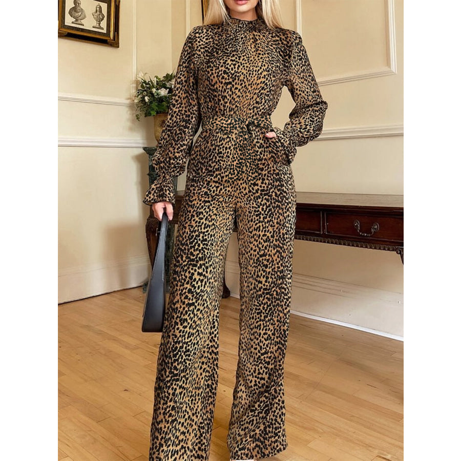 Leopard Flounce Sleeve Wide Leg Jumpsuit Leopard / S Apparel and Accessories