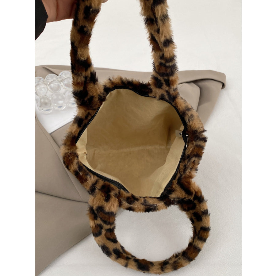 Leopard Fluff Handbag with Zip Leopard / One Size Apparel and Accessories
