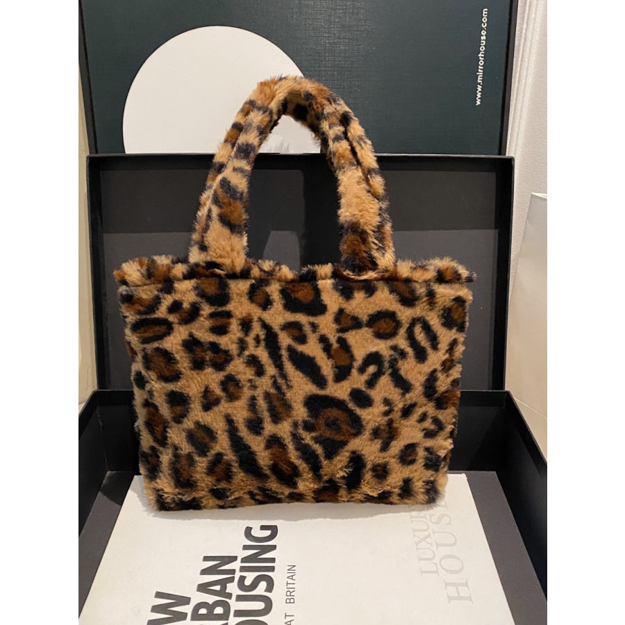 Leopard Fluff Handbag with Zip Leopard / One Size Apparel and Accessories