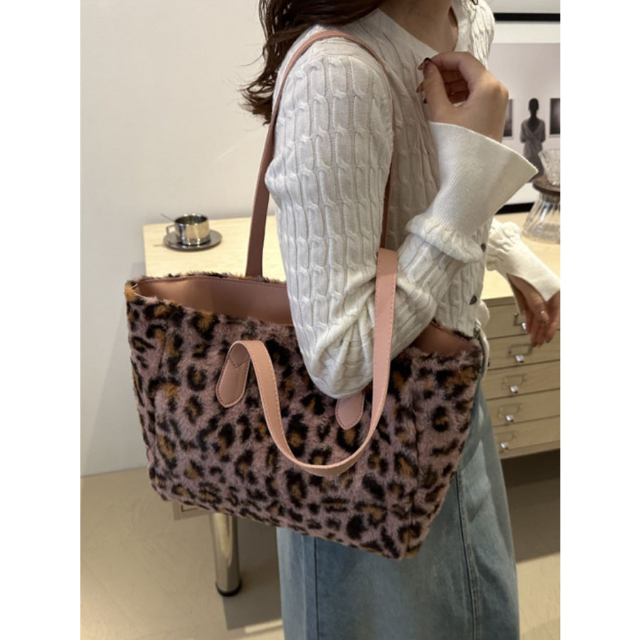 Leopard Fluff Tote Bag Dusty Pink / One Size Apparel and Accessories