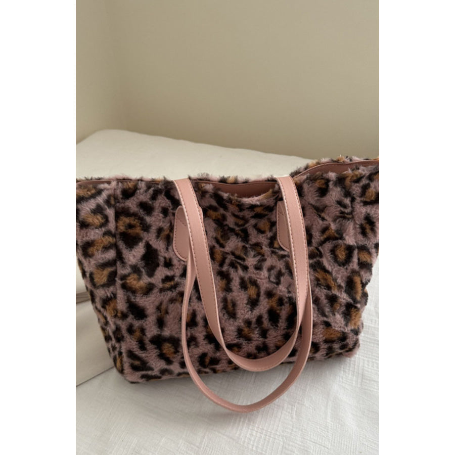 Leopard Fluff Tote Bag Dusty Pink / One Size Apparel and Accessories