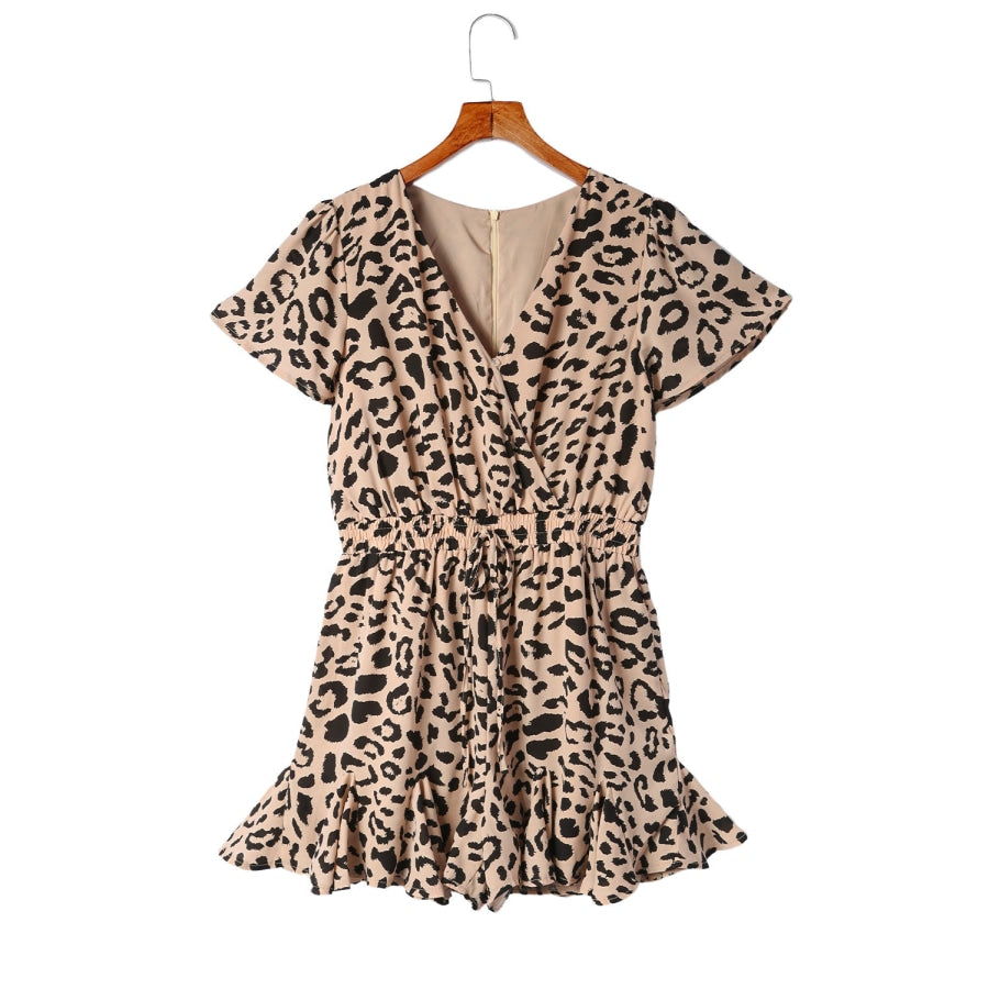 Leopard Flutter Sleeve Ruffle Hem Romper