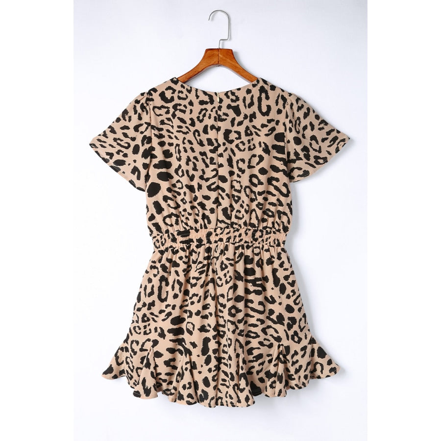 Leopard Flutter Sleeve Ruffle Hem Romper