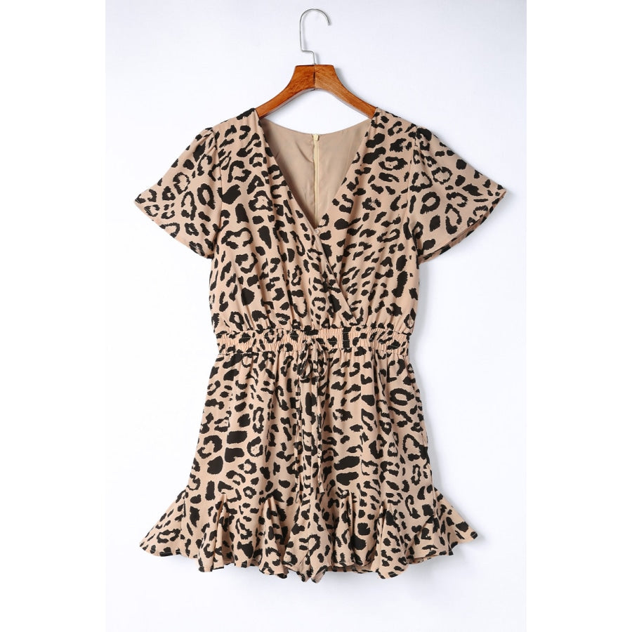 Leopard Flutter Sleeve Ruffle Hem Romper