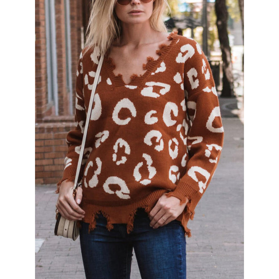 Leopard Frayed Hem Long Sleeve Sweater Chestnut / S