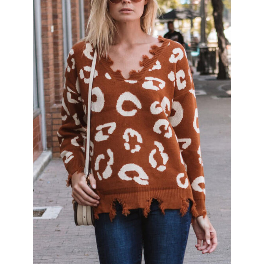 Leopard Frayed Hem Long Sleeve Sweater