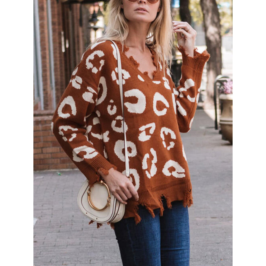 Leopard Frayed Hem Long Sleeve Sweater