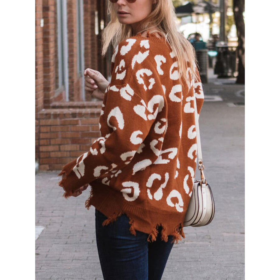 Leopard Frayed Hem Long Sleeve Sweater