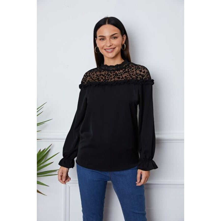 Leopard Frill Flounce Sleeve Blouse Black / S Clothing