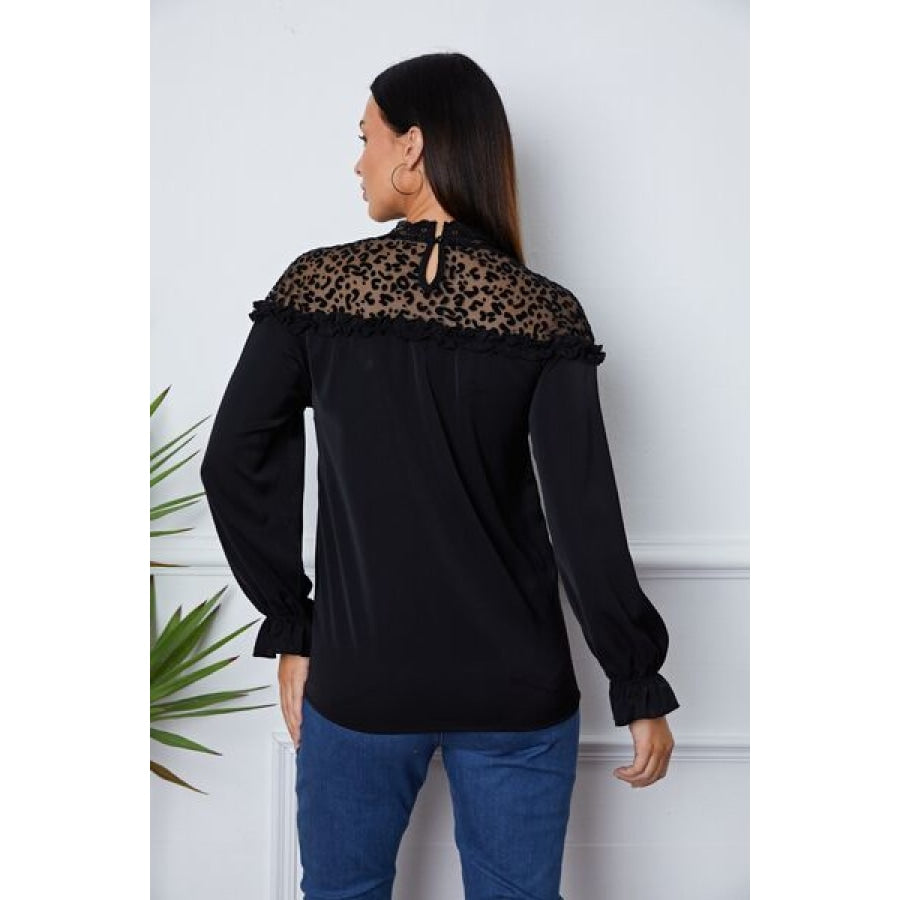 Leopard Frill Flounce Sleeve Blouse Clothing