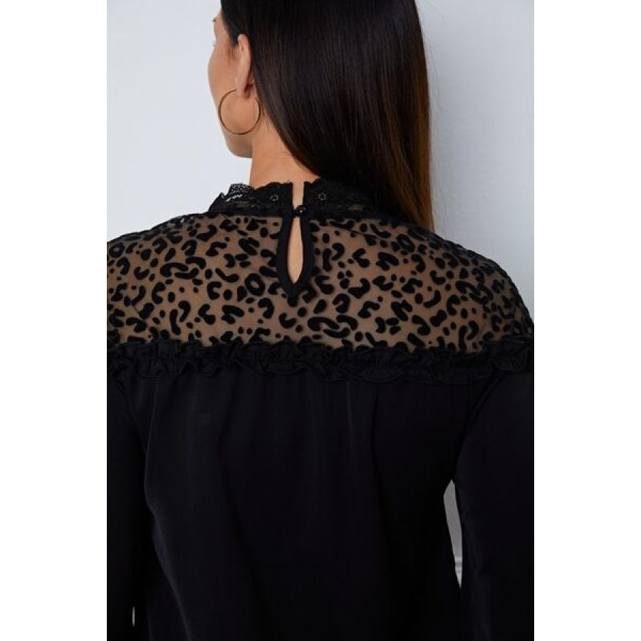 Leopard Frill Flounce Sleeve Blouse Clothing