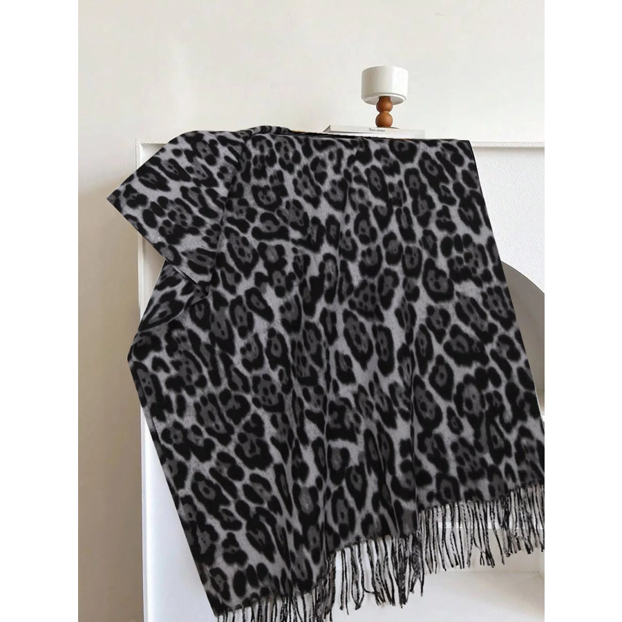 Leopard Fringe Scarf Black / One Size Apparel and Accessories