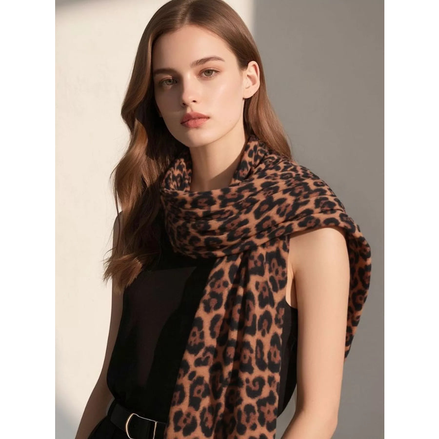 Leopard Fringe Scarf Camel / One Size Apparel and Accessories