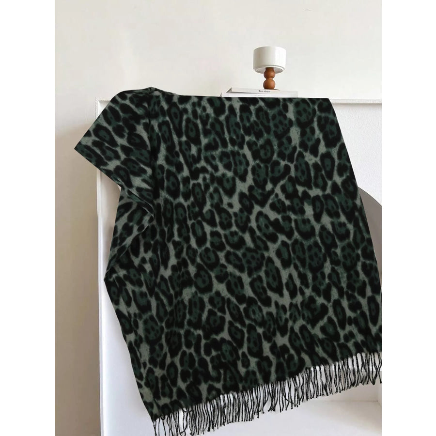 Leopard Fringe Scarf Green / One Size Apparel and Accessories