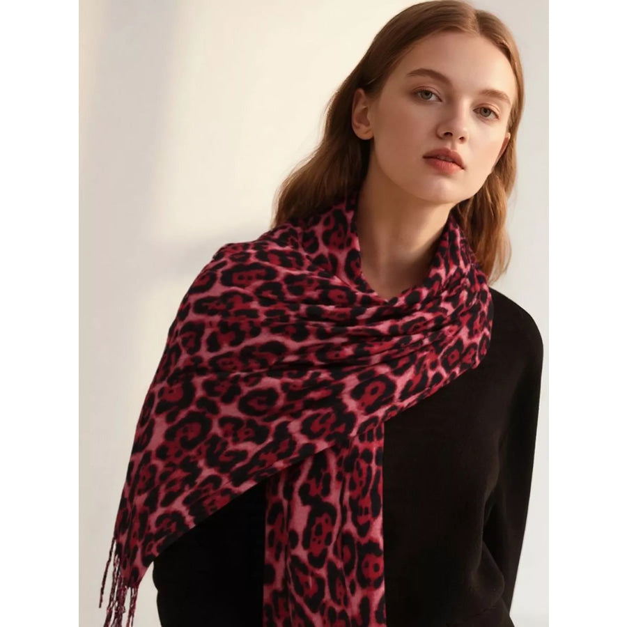Leopard Fringe Scarf Rose Red / One Size Apparel and Accessories