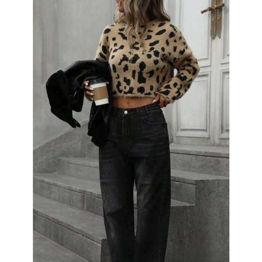 Leopard Fuzzy Knit Cropped Sweater Apparel and Accessories