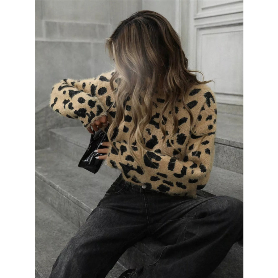 Leopard Fuzzy Knit Cropped Sweater Apparel and Accessories