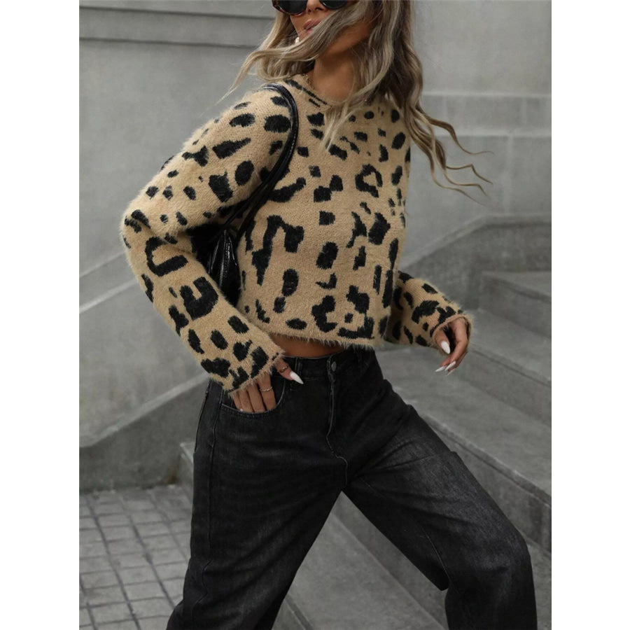 Leopard Fuzzy Knit Cropped Sweater Apparel and Accessories