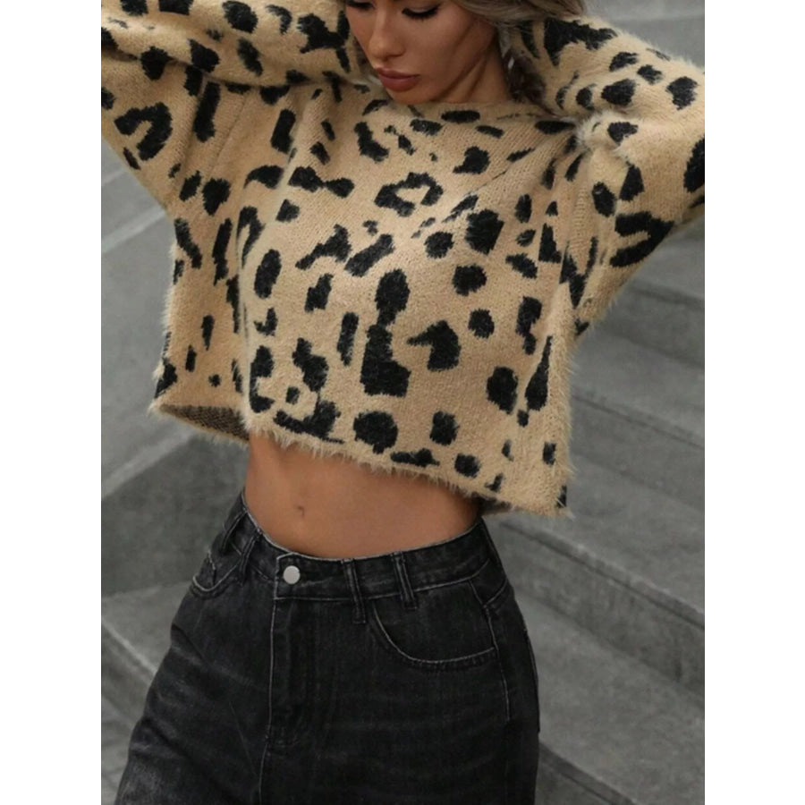 Leopard Fuzzy Knit Cropped Sweater Apparel and Accessories