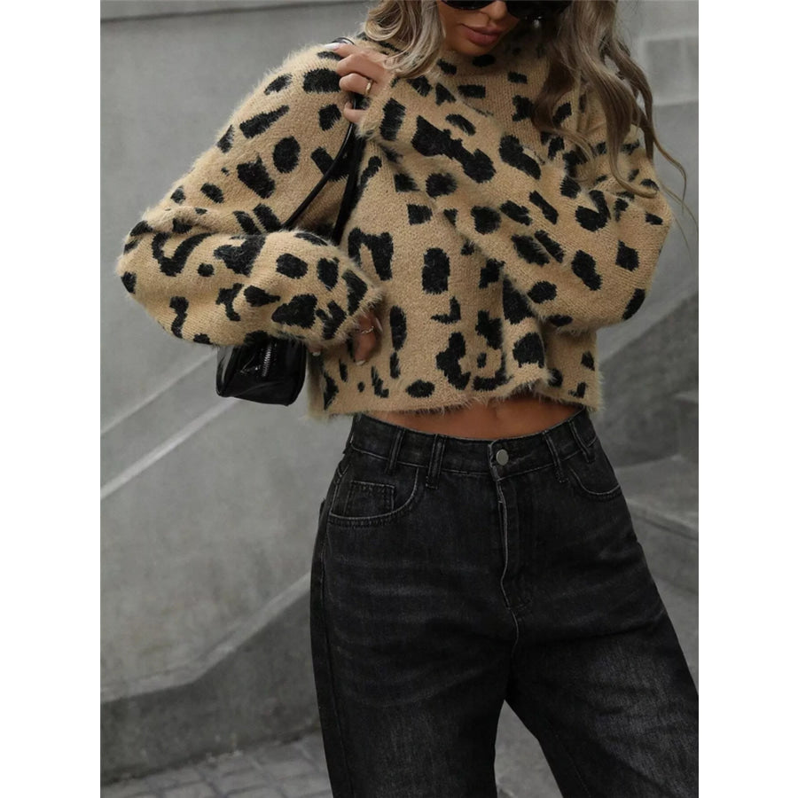 Leopard Fuzzy Knit Cropped Sweater Leopard / S Apparel and Accessories