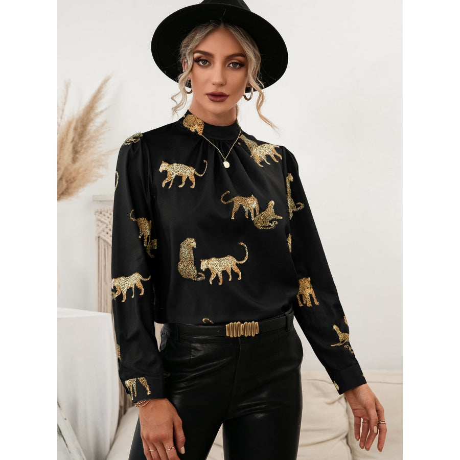 Leopard Graphic Mock Neck Puff Sleeve Blouse Black / S