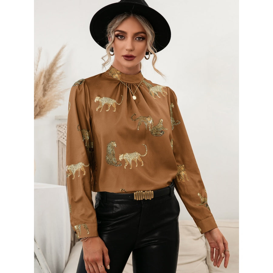 Leopard Graphic Mock Neck Puff Sleeve Blouse Caramel / S