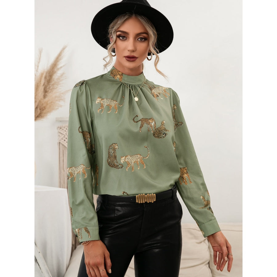 Leopard Graphic Mock Neck Puff Sleeve Blouse Matcha Green / S