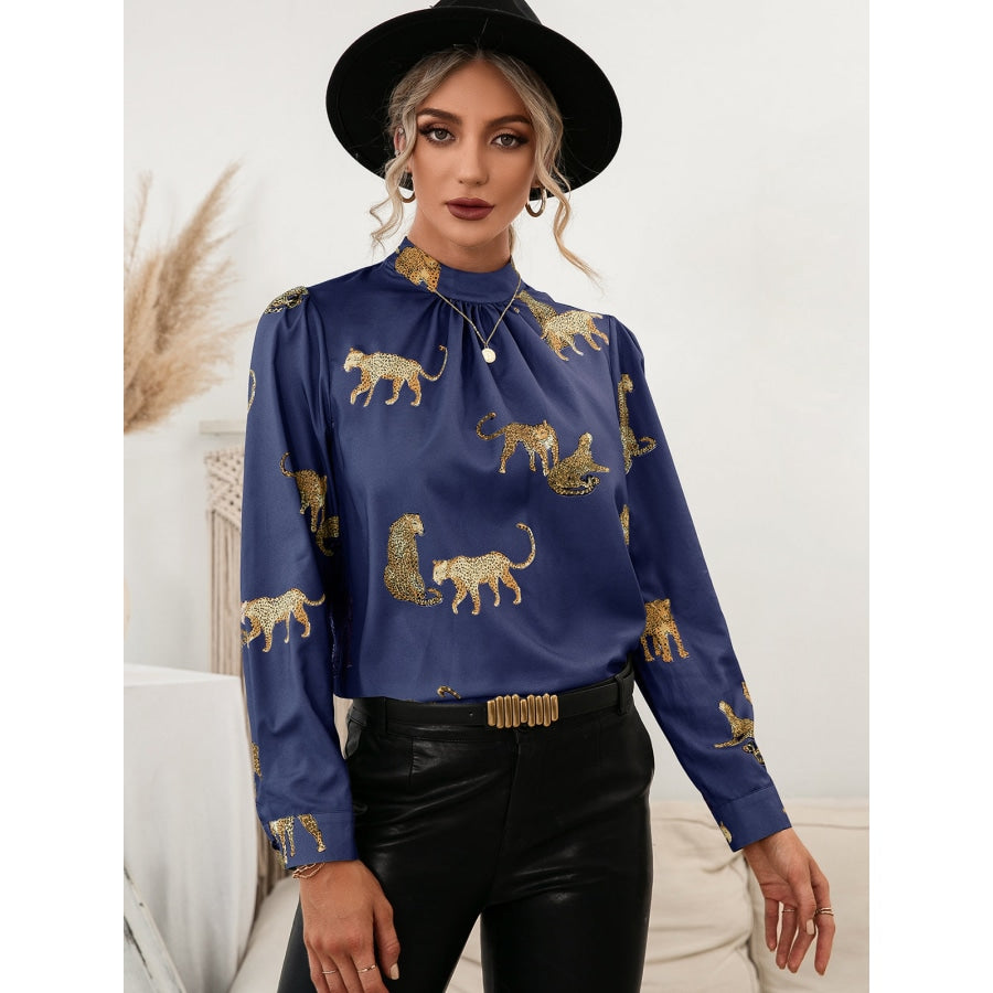 Leopard Graphic Mock Neck Puff Sleeve Blouse Royal Blue / S