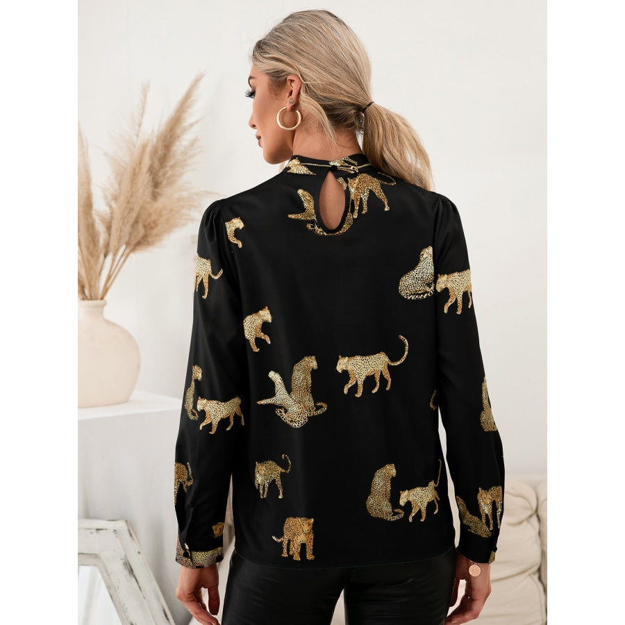 Leopard Graphic Mock Neck Puff Sleeve Blouse