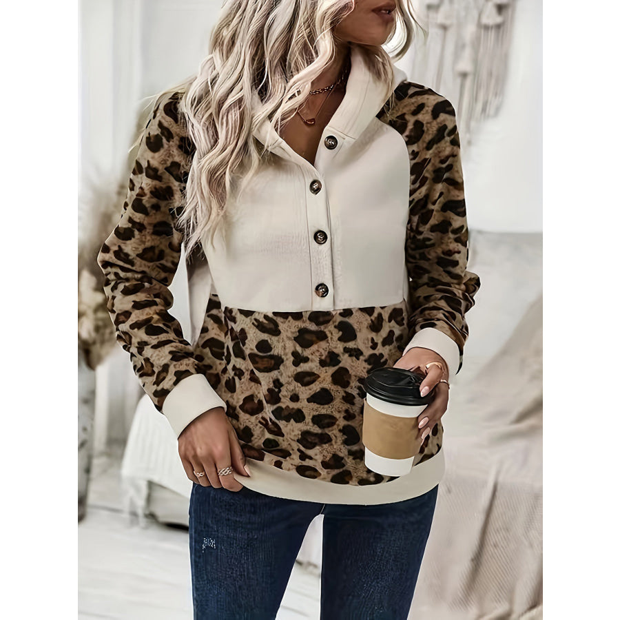 Leopard Half Button Long Sleeve Hoodie Apparel and Accessories