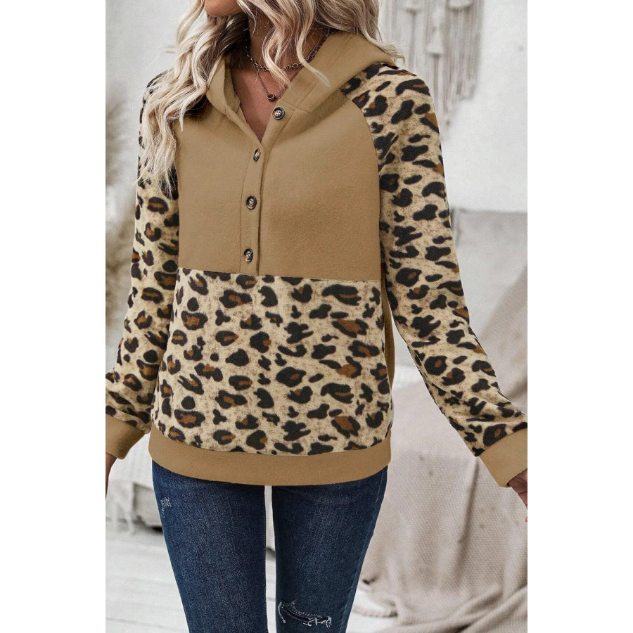 Leopard Half Button Long Sleeve Hoodie Camel / S Apparel and Accessories