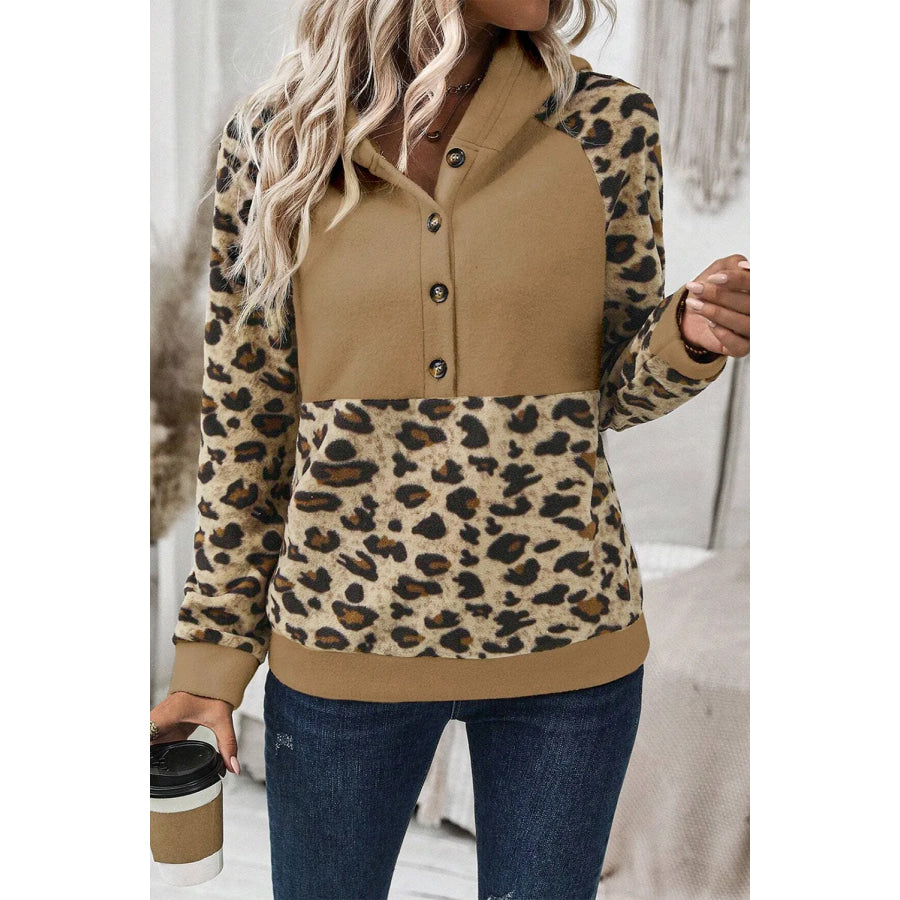 Leopard Half Button Long Sleeve Hoodie Camel / S Apparel and Accessories