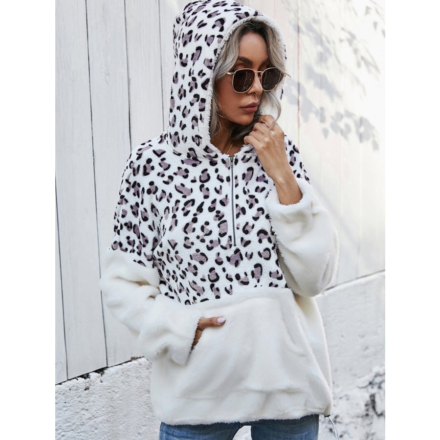 Leopard Half-Zip Dropped Shoulder Hoodie Heather Gray / S