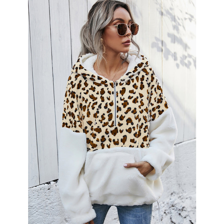 Leopard Half-Zip Dropped Shoulder Hoodie Pastel Yellow / S