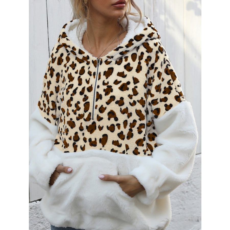 Leopard Half-Zip Dropped Shoulder Hoodie